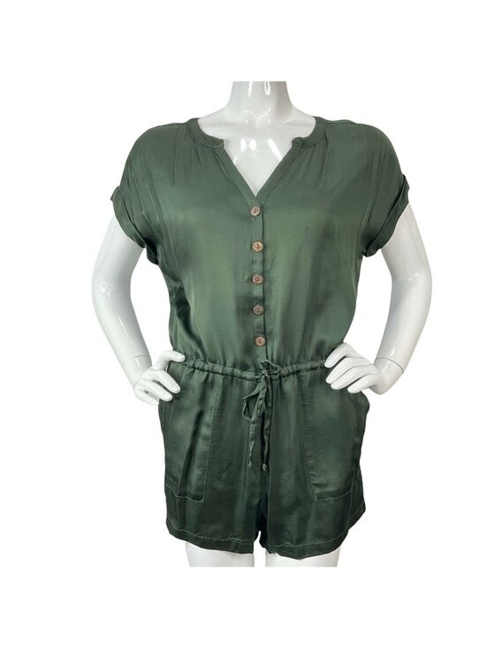 Chaser Pants - Chaser Romper Womens Size M Green Silky Feel Drawstring Shorts Button Up Nwt $88